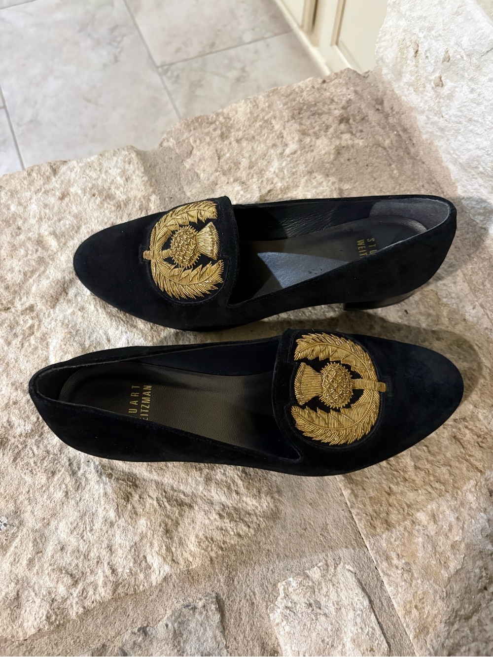 Stewart Weitzman Black Suede Gold Crested loafer Size 6
